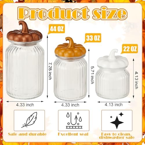 Mimorou 3 Set Fall Glass Jar with Pumpkin Lid Fall Clear Candy Jar Food Storage Canister with Airtight Ceramic Lid for Thanksgiving Party Tea Cookie Table Decoration (White, Brown, Light Brown,Autumn)