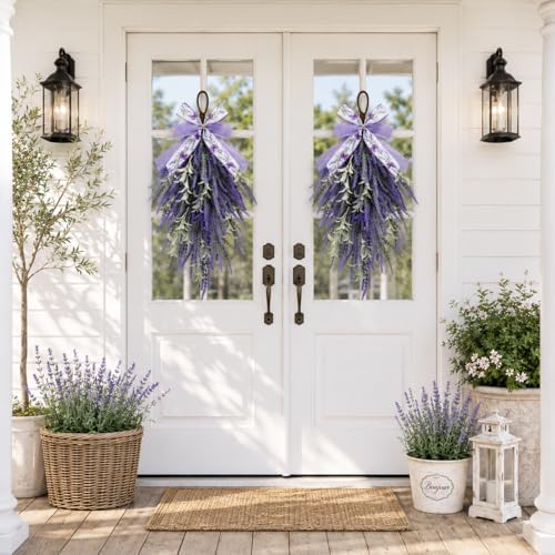 nuvagiki Lavender Teardrop Swag, 2 Pack 24 Inch Front Door Swag Wreaths, Spring Summer Rustic Farmhouse Door Decor, Purple Floral Hanging Swag for Porch