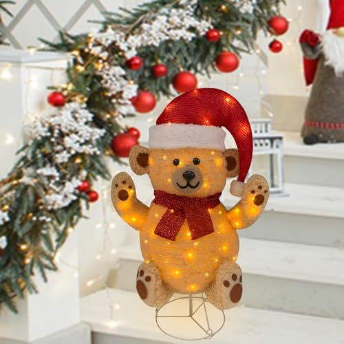 Lighted Christmas Bear Decorations, Pop-Up Bear Outdoor Yard Woodland Christmas Decor Prelit 70 Lights, Collapsible Lighted Bear Wears Santa Hat for Home Porch Yard Christmas Valentines Day-Brown
