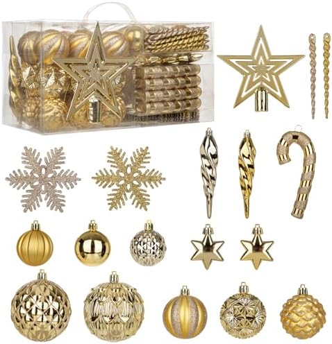 Briful 80ct Gold Christmas Balls Ornament Set, Plastic Shatterproof Christmas Ornament Balls with Tree Topper Candy Canes Snowflakes for Xmas Tree Wreath Garland Decor
