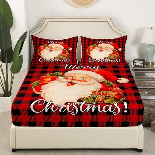 Santa Claus Bed Sheet Set Kids Black and Red Square Sheets Set 4pc Xmas Theme Microfiber Soft Bedding Set,1 Flat Sheet,1 Deep Pocket Fitted Sheet,2 Pillow Cases（King Size）