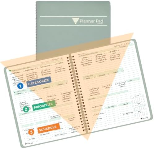 Planner Pad Spiral Bound October 2026 – September 2027 6 3/4" x 8 1/2" Medium 3-Tier Funnel Down 12 Month Organizer, Greenish Grey Cover/Soft Green Ink