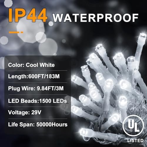 KNONEW 600ft 1500 LED String Lights Outdoor Christmas Lights 8 Modes & Timer Fairy Light Plug in Waterproof LED String Lights for Xmas Yard Tree Wedding Party Holiday Decorations (Cool White)