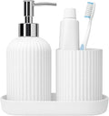 Bigining® Bathroom Accessory Set – 3pc Set Modern White Pump Bottle Plastic Toothbrush with Tray | Liquid Soap Dispenser & Toothbrush Holder Combo for Countertop Tumble