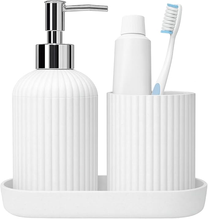 Bigining® Bathroom Accessory Set – 3pc Set Modern White Pump Bottle Plastic Toothbrush with Tray | Liquid Soap Dispenser & Toothbrush Holder Combo for Countertop Tumble