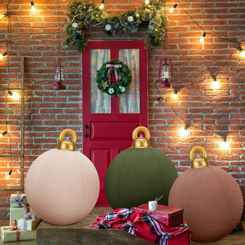 3 Pcs 32 Inch Giant Velvet Christmas Inflatable Balls, Brown, Khaki, Green