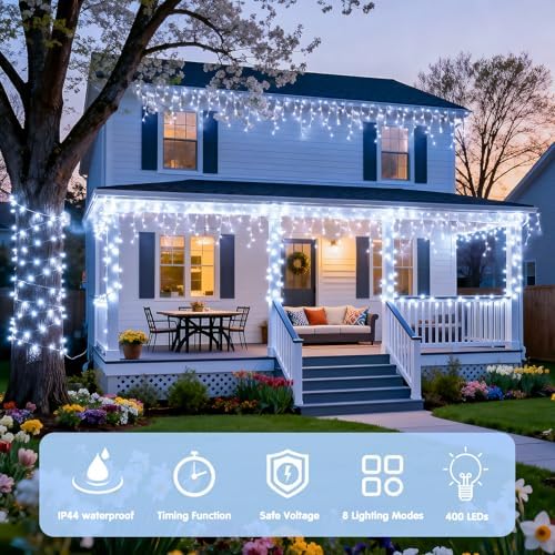 JMEXSUSS 38.8ft 400 LED White Icicle Lights, Christmas Lights Outdoor