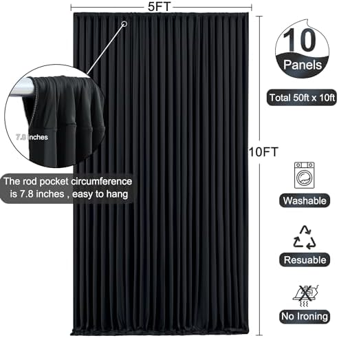 10 Panels Black Backdrop Curtain for Parties Wrinkle Free Black Photo Curtains Backdrop Drapes Fabric Decoration for Birthday Party Wedding 50ft(W) x 10ft(H)