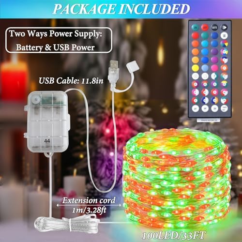 Lovelite Fairy Lights Battery Operated USB Plug in, 34 Colors Changing 33ft 100LED Patriotic String Lights with Remote, Waterproof Twinkle Lights for Bedroom Indoor Outdoor 4th of July Party Decor