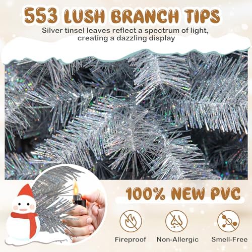 HAPPYGRILL 6 FT Pre-Lit Christmas Tree Silver Tinsel Artificial Xmas Tree with 553 Branch Tips, 230 Warm White LED Lights, Upgraded Metal Stand, Hinged Decoration Tree, Festive Celebration Tree