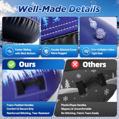 72" Snow Tube for Kids and Adult, 2 Person Snow Sled for Winter