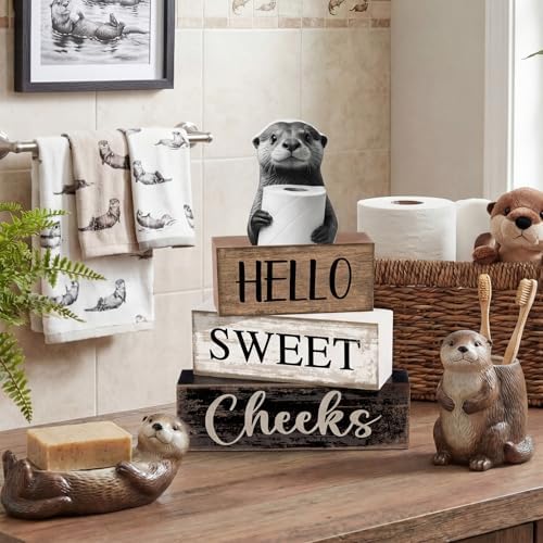 Moucuny 4 Pcs Otter Bathroom Decor Wooden Block Signs Hello Sweet Cheeks