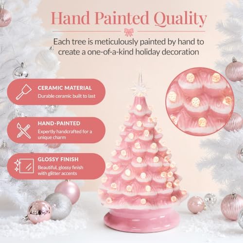Best Choice Products 15in Ceramic Christmas Tree, Pre-lit Hand-Painted Tabletop Pinkmas Holiday Tree, Star Topper, 64 Lights - Pink w/White Bulbs