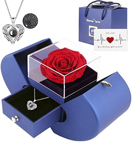 Preserved Real Rose with I Love You Necklace 100 Languages, Gifts for Girlfriend, Women, Mom, Wife, Gifts Idea on Christmas, Valentine's Day, Mother's Day, Birthday, Anniversary, Thanksgiving