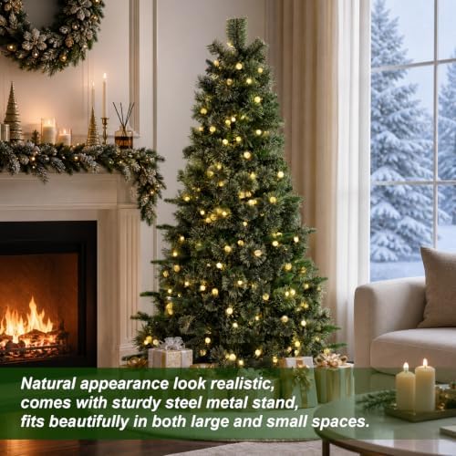 Glitzhome Prelit Christmas Tree, 6ft Artificial Small Christmas Tree Charming Cashmere Slim Pine with 250 Warm White and Multi-Color Globe LED Lights, 9 Function w/Foot Pedal and Remote Control