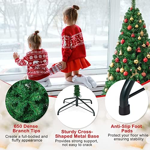 HAPPYGRILL 6FT Artificial Christmas Tree, Unlit Xmas Pine Tree, Metal Stand
