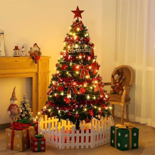 6ft DIY Christmas Tree Kit Artificial Christmas Tree with Lights and Ornaments 48'' Xmas Trees Skirt 65 x 30 x 15'' Storage Bag, LED Holiday Xmas Trees for DIY Home Decor(Red,Classic)