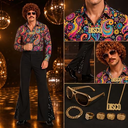 12Pcs 70s Outfits for Men, Disco Costume with Bell Bottom Pants Shirt Set