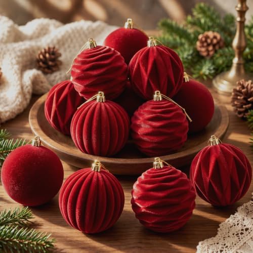 Liliful 3.15 Inch 12 Pcs Velvet Christmas Ornaments Balls, Wine Red