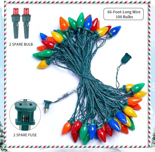 Brightown C9 LED Christmas String Lights, 66ft Multi-Color Outdoor Light String with 100 Smooth Opaque Bulbs, Plug-in Vintage Roofline Lights String for Outside Patio Christmas Holiday Decor