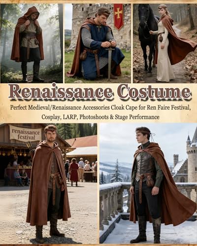 kasahara Renaissance Hooded Cloak Medieval Costume Accessories for Men Women Halloween Costume Cape Belt Pouch Bracers