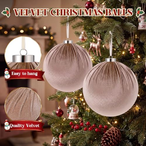 Weysat 6 PCS 8" Extra Large Velvet Christmas Ball Ornaments, Khaki