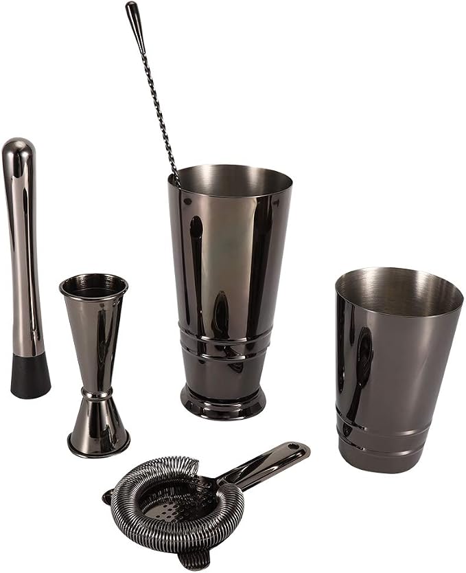 5Pcs Black Stainless Steel Cocktail Shaker Set, Bartender Tool Kit with Measuring Cup Strainer Mixing Spoon, Dishwasher Safe Bar Accessories for Home Bar