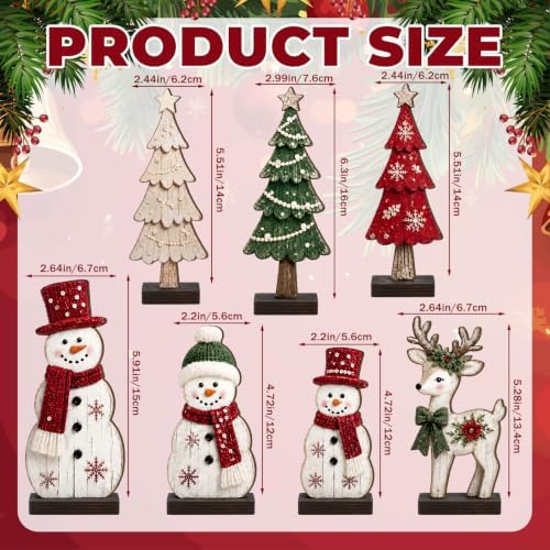 7 Pcs Christmas Table Decor Wooden Snowman Tree Deer Decor, Red,Green