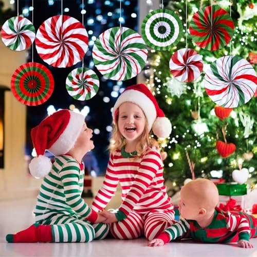 Outus 18 Pcs Christmas Hanging Decorations Candy Paper Fans Peppermint