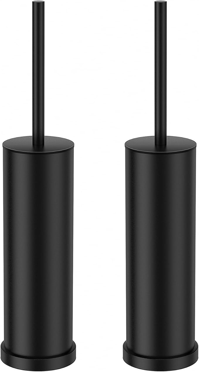 Black Toilet Brush and Holder Set，2 Pack Stainless Steel Heavy Duty Toilet Bowl Brush，Extra Long Handled Modern Toilet Cleaner Brush with Replaceable Head, Removable Inner Bowl, and Splash Protection