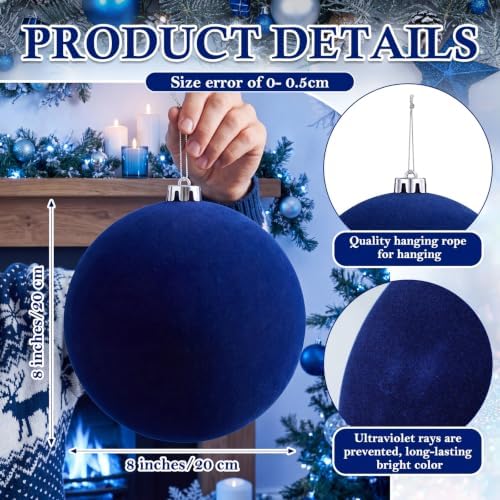 Threan 8 Inch Large Blue Velvet Christmas Ball Ornaments for Christmas Tree