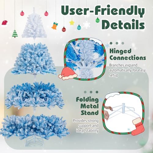 HAPPYGRILL 8 FT Pre-lit Flocked Christmas Tree Blue Hinged Xmas Tree with 1774 Branch Tips, 470 Warm White LED Lights & Folding Metal Stand, for Home Office Carnival