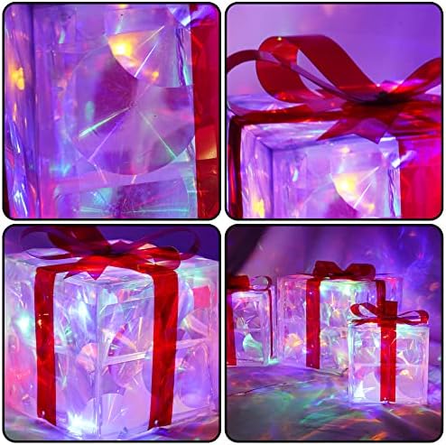 Hourleey Set of 3 Christmas Lighted Gift Boxes, Pre-lit 60 LED Light Up Present Boxes Ornament Outdoor Decoration for Indoor Christmas Home Yard Lawn Decor (Multicolor)