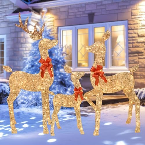 HOYECHI 5 FT Oversized Christmas Decorations Outdoor Lighted Reindeer – 3-Piece 2D Deer Family Set with 160 Warm White LED Lights for Yard, Lawn, Garden & Porch Holiday Display - Gold