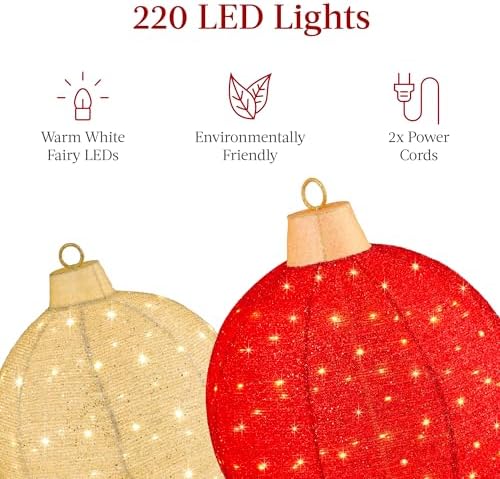 Best Choice Products 2pc Lighted Pop-Up Outdoor Christmas Ornament Set, Holiday Ball Decoration w/ 220 LED Lights, 8 Light Functions - Red/Gold