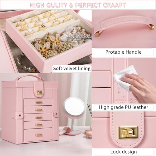 AKOZLIN 6-Tier Jewelry Box Organizer 5 Drawers Storage Light Pink Regular
