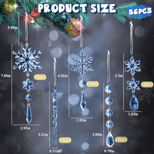 GuassLee 36pcs Crystal Christmas Tree Ornaments - Blue Acrylic Snowflake Icicle Drop Crystal Hanging Ornaments for Christmas Tree Wonderland Frozen Themed Birthday Party Decor