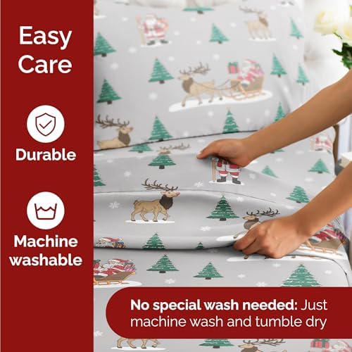 Christmas Sheet Set, Santa’s Sleigh, Holiday Xmas Bedding Set - Queen Size