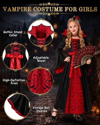 Vampire Costume for Girls 4-12 Years, Gothic Victorian Vampiress Dress Set
