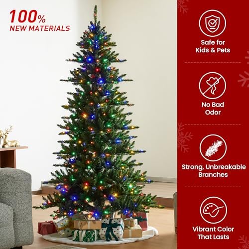 Glitzhome 7.5ft Prelit Christmas Tree, Artificial Christmas Tree Emerald Elegance Slim Green Fir Tree with 400 LED Lights, 1336 Branch Tips, 9 Functional Warm White/Multi-Color, Remote Controller