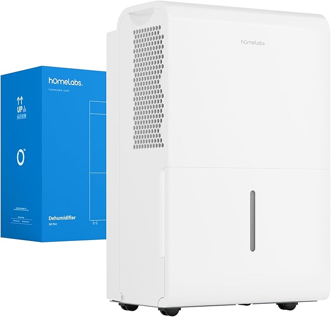 hOmeLabs Dehumidifier 7,000 Sq Ft Wi-Fi (50 Pint MAX 120 Pint at 95°F, 90% RH) for Home, Office, Basements with Powerful Moisture Removal, Humidity Control, Auto Shut-off, Quiet Operation