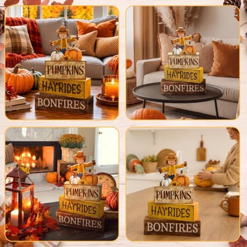 Moucuny 4 Pcs Fall Scarecrow Table Decoration for Home Wooden Stack Decor