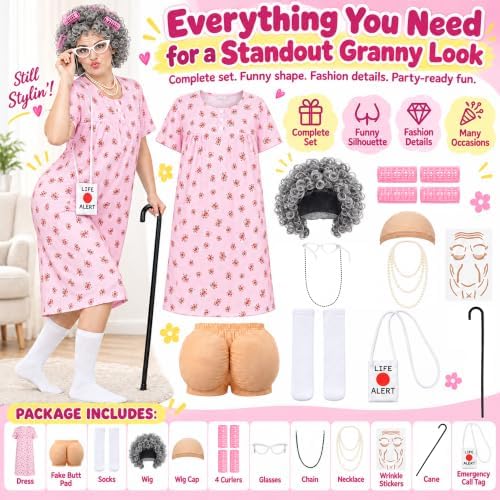 Old Lady Costume for Women, Grandma Dress Up Set for Halloween
