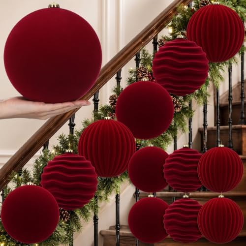 Hollowfly 6 pcs 8 Inch Burgundy Red Large Velvet Christmas Balls Ornaments
