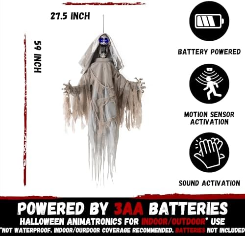 Halloween Animatronics Decorations Scary Hanging Ghost, 59'' Animated Halloween Skeleton Decor Motion Activated with Creepy Sound, Light Up Eyes, Party Decorations for Haunted House Indoor Outdoor