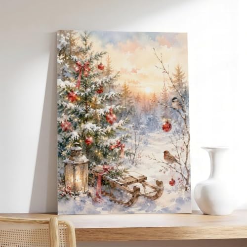 Snowy Christmas Tree Canvas Wall Art Winter Sled Birds Decor Inner Frame