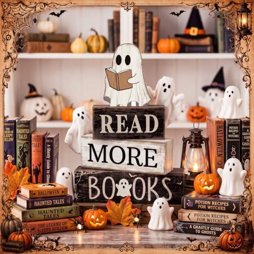 Moucuny 4 Pcs Halloween Table Decoration Wooden Ghost Reading Stacked Block
