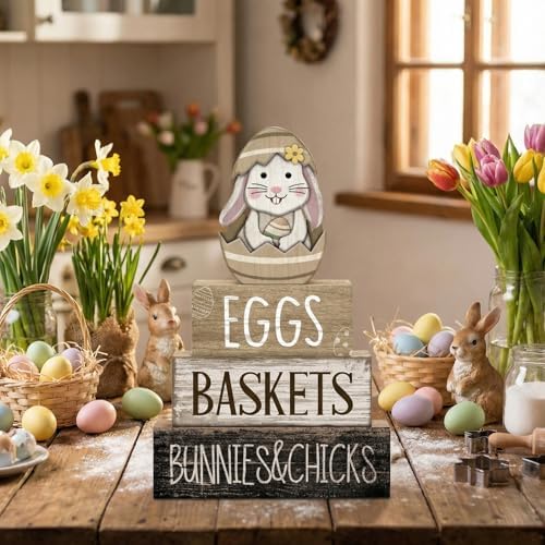 Lineshading 4 Pcs Wooden Farmhouse Tiered Tray Decor Rabbit Egg Signs