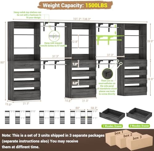 Aheaplus Closet System, 138.5" Closet Organizer with 12 Drawers & 4 Rods