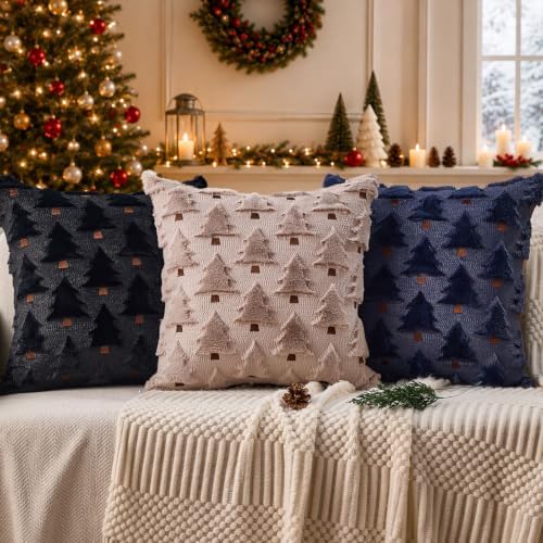 Allorry Christmas Pillow Covers 18x18 inch Set of 2 Black Christmas Decorations Soft Plush Faux Fur Wool Christmas Tree Throw Pillow Cases Winter Holiday Decor for Sofa Living Room PT002J18